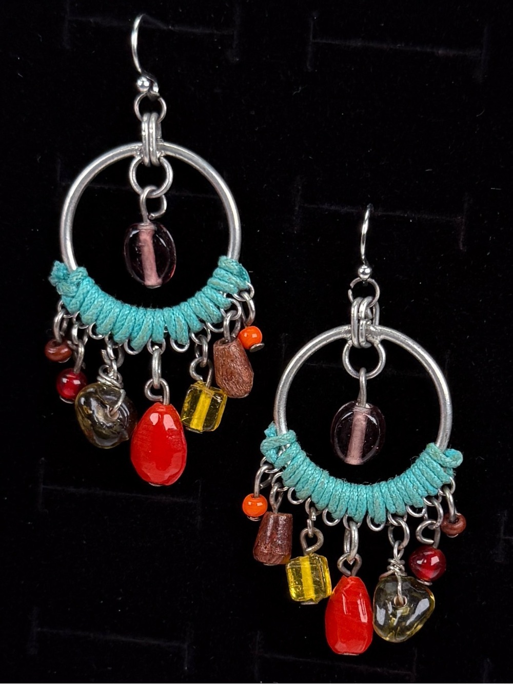 Bohemian chic vintage silvertone colorful pierced dangle earrings